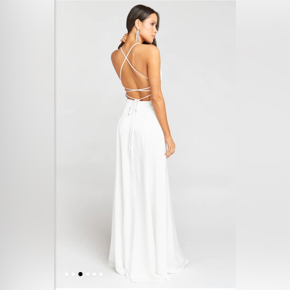 Show me you mumu godshaw goddess gown in wedding cake chiffon.